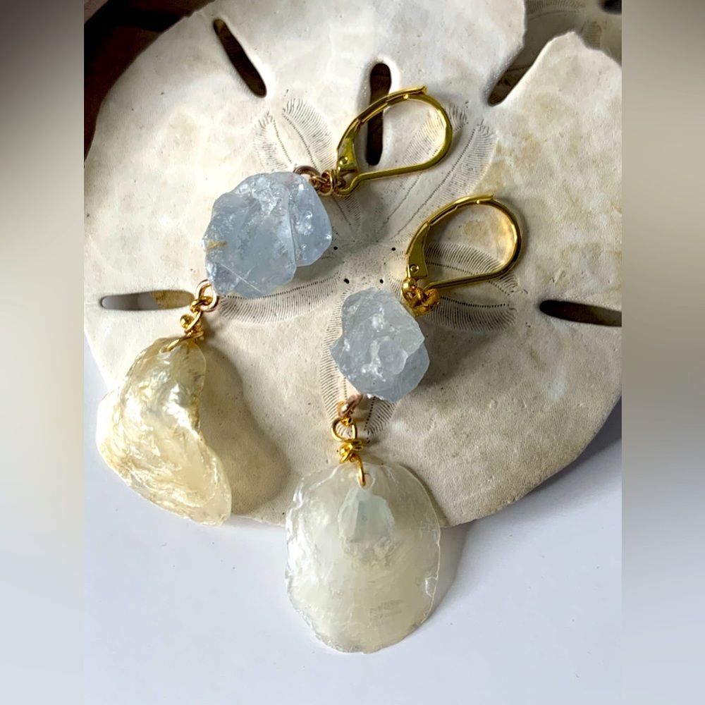Unique +Sea Shell +Celestine Quartz + 18k Gold Filled Latch Back Earrings 
Hypo